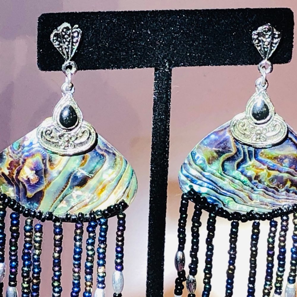 Vtg.Abalone Shell Beaded 4.5" Post Dusters~Dangles - image 5